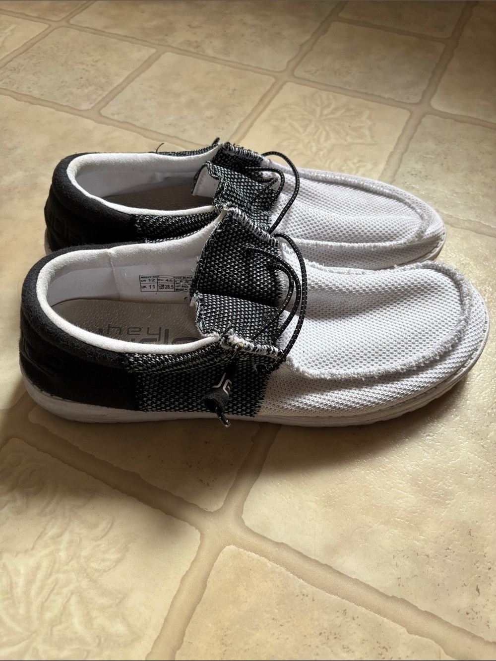 Men’s Wally Sox Funk Black Ice Hey Dude’s Size 12 Slip Ons, Black White Vacation